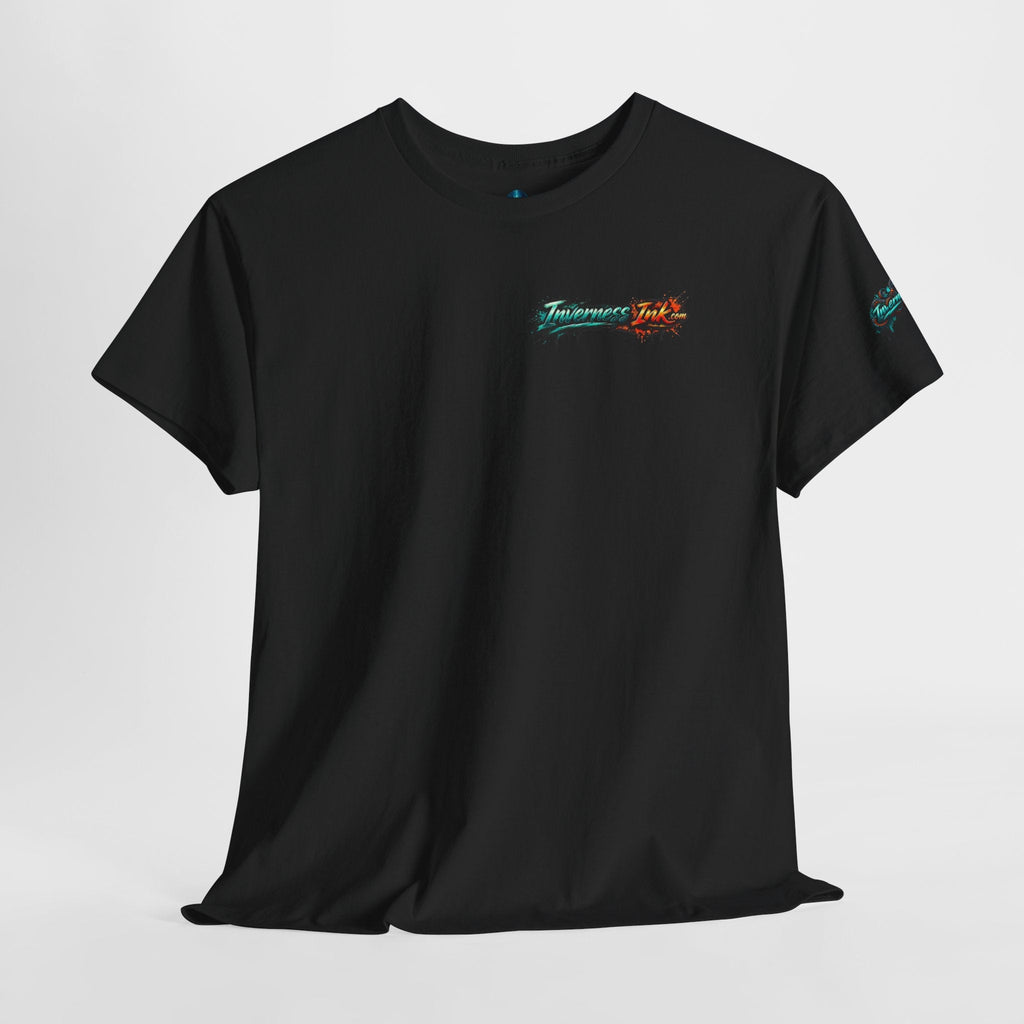 Inverness Ink Graphic Tee — Bold Blue & Orange Splash Backprint