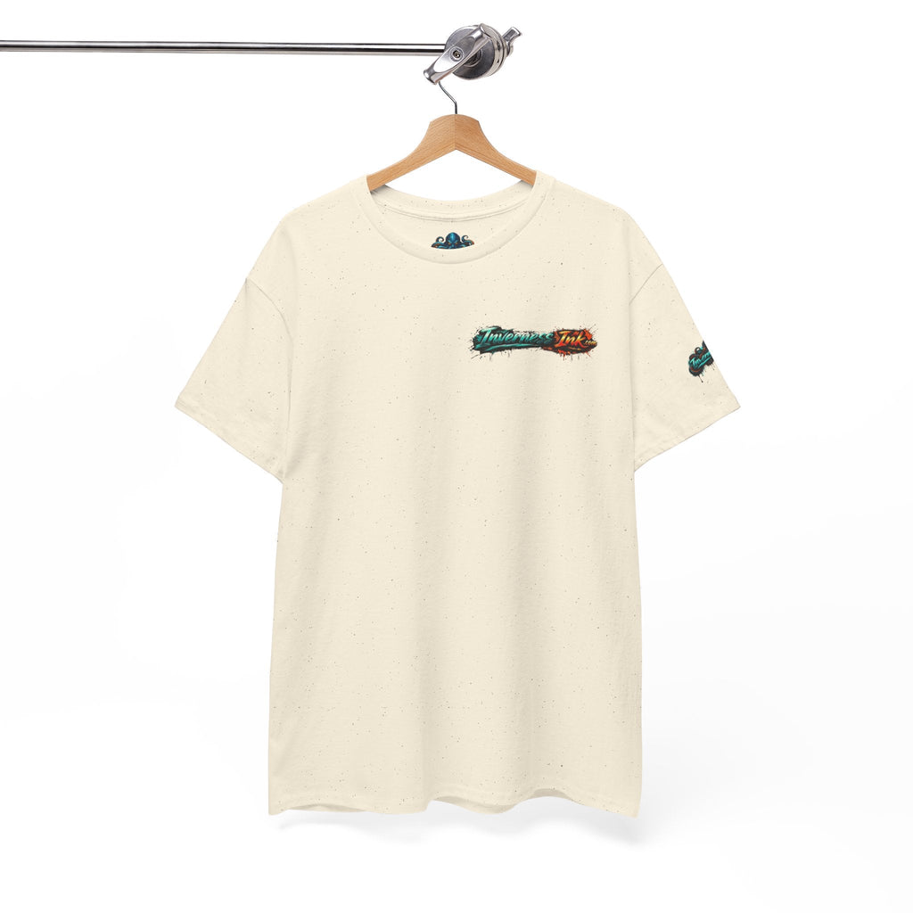 Inverness Ink Graphic Tee — Bold Blue & Orange Splash Backprint