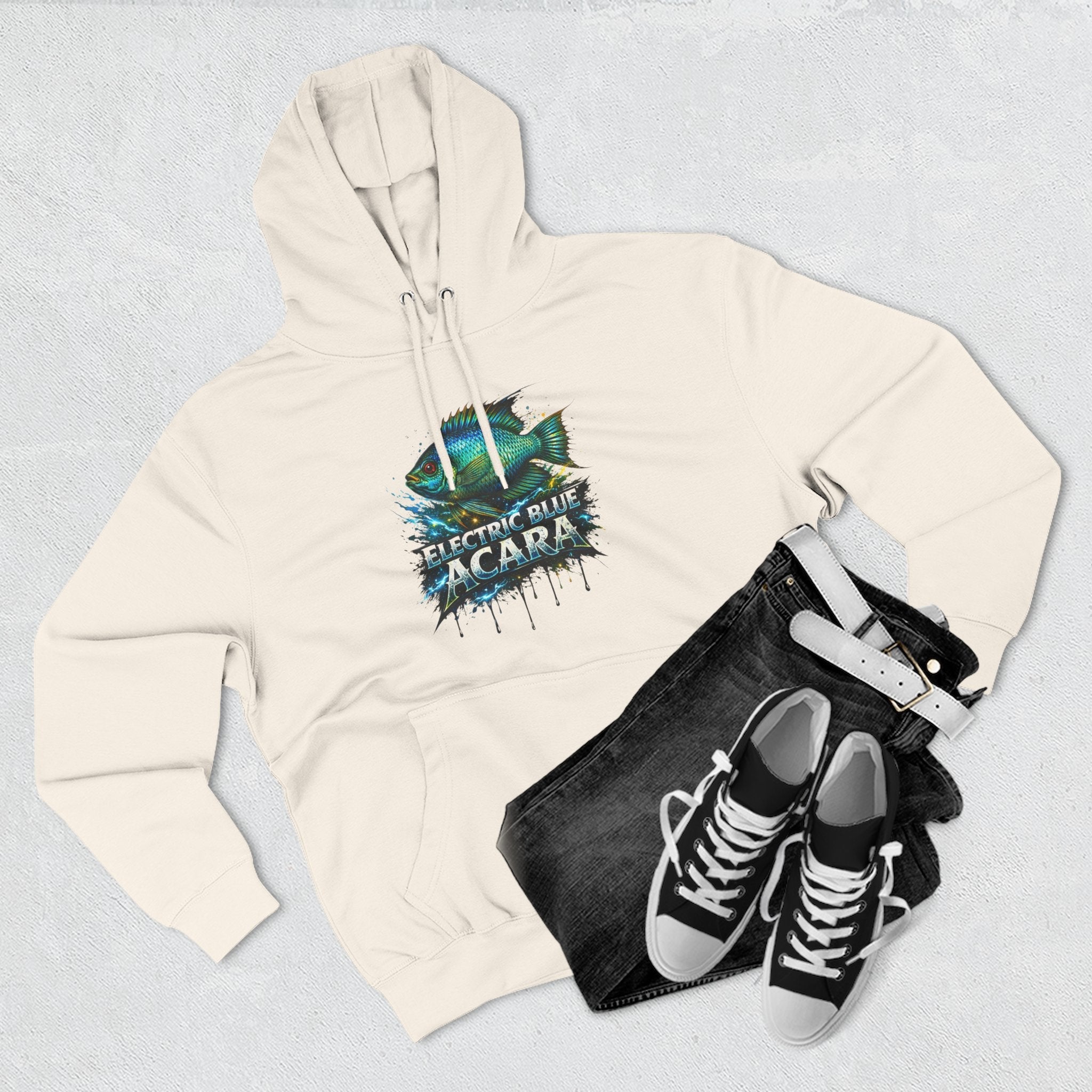 Electric Blue Acara Hoodie — Colorful Aquarium Fish Graphic Fleece Pullover