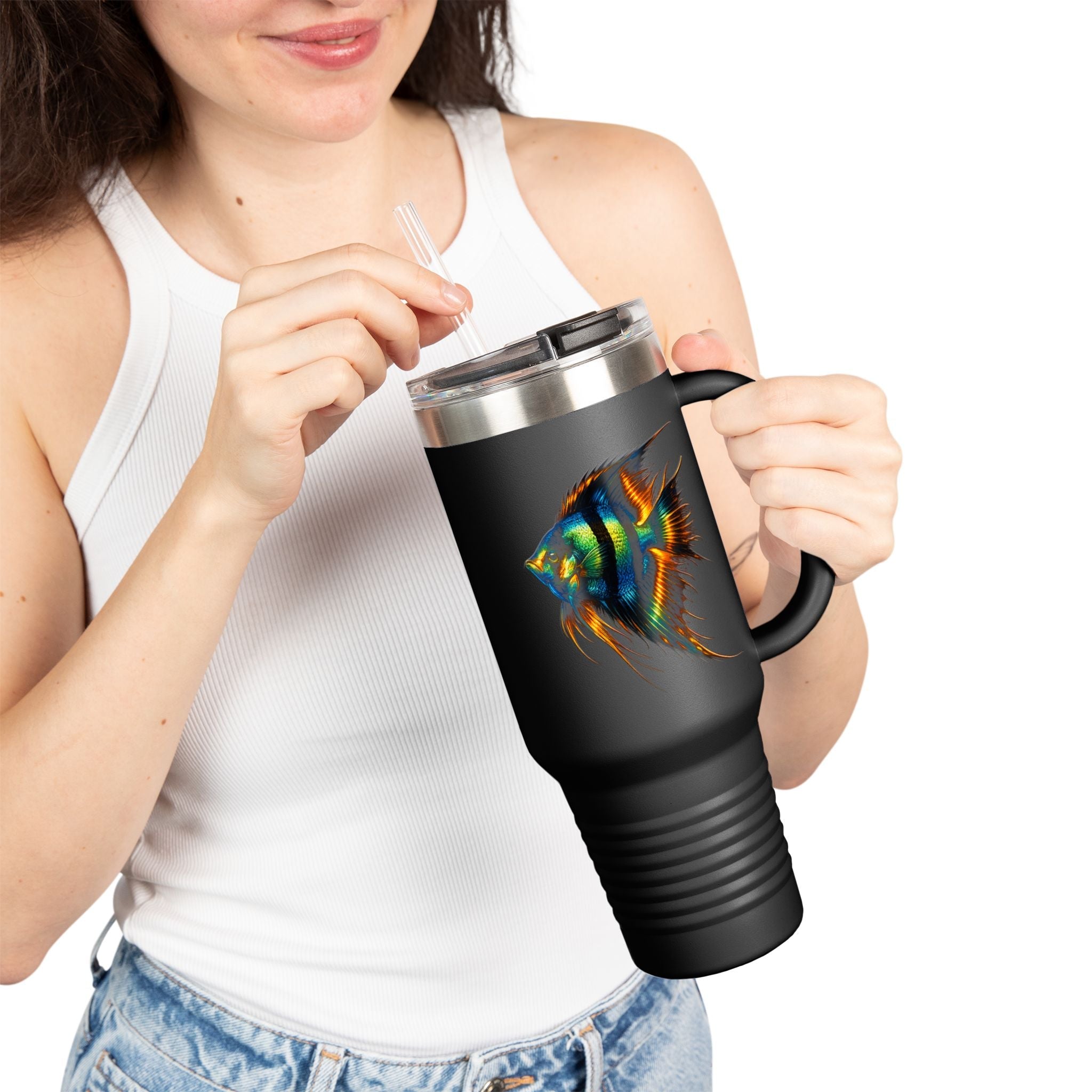 40oz Insulated Travel Mug — Colorful Aquarium Angelfish Stainless Steel Tumbler