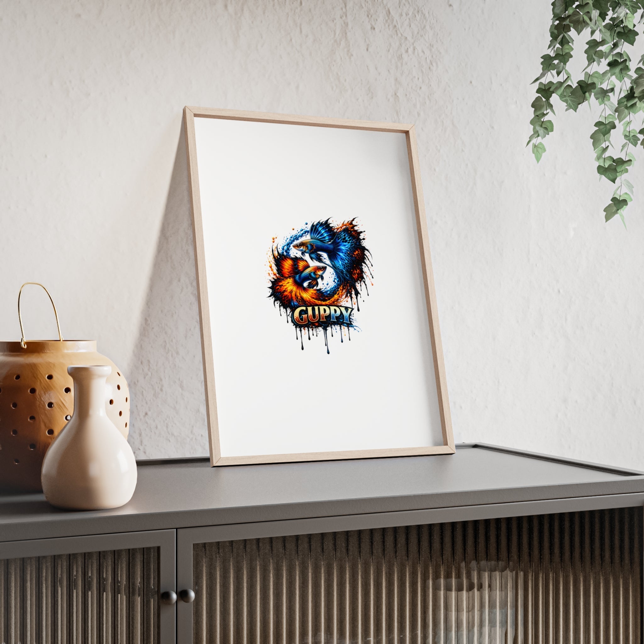 Guppy Fish Art Poster with Wooden Frame — Colorful Koi-Style Aquarium Print