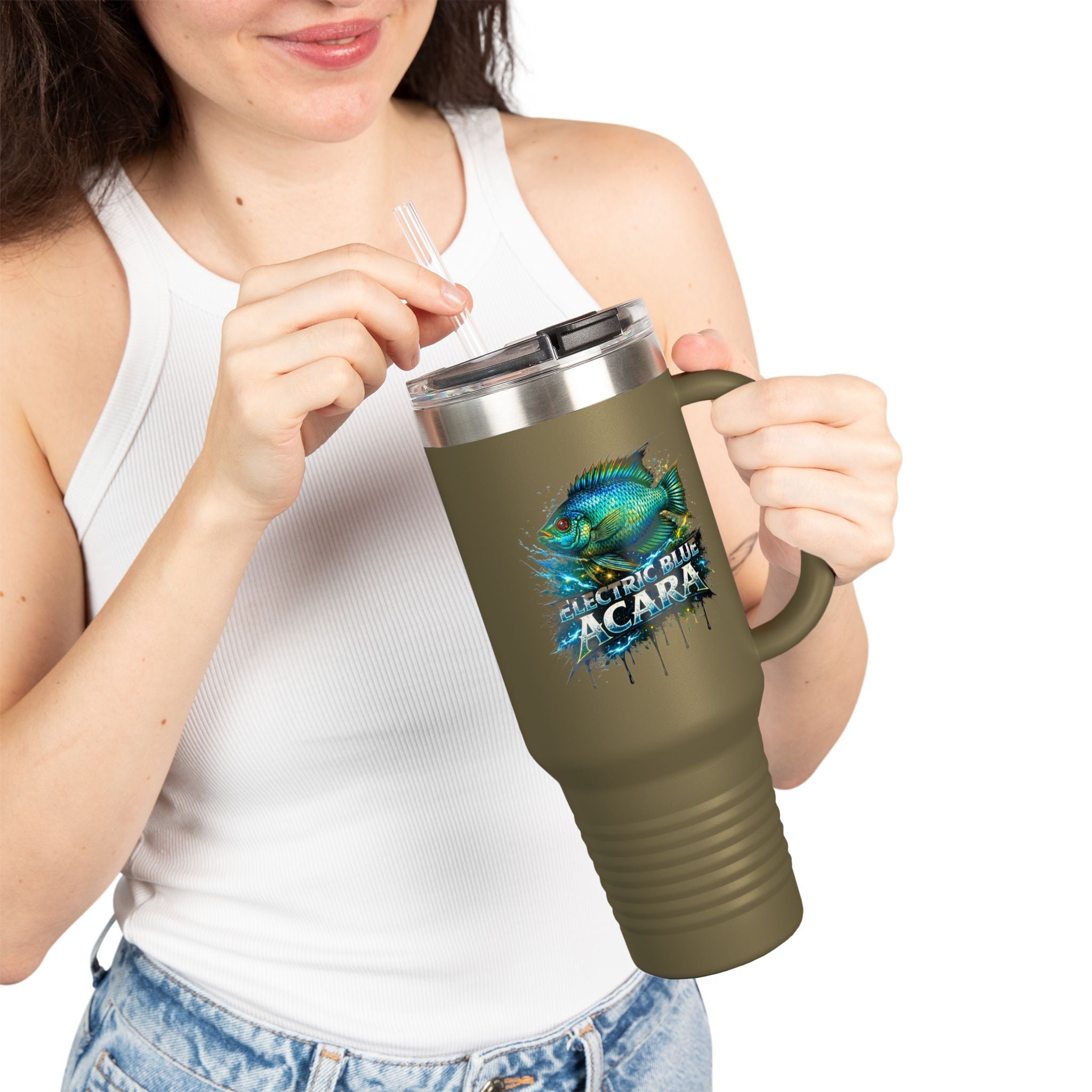 40oz Insulated Travel Mug - 'Electric Blue Acara' Fish Graphic, Leak-Resistant Tumbler for Aquarium Enthusiasts