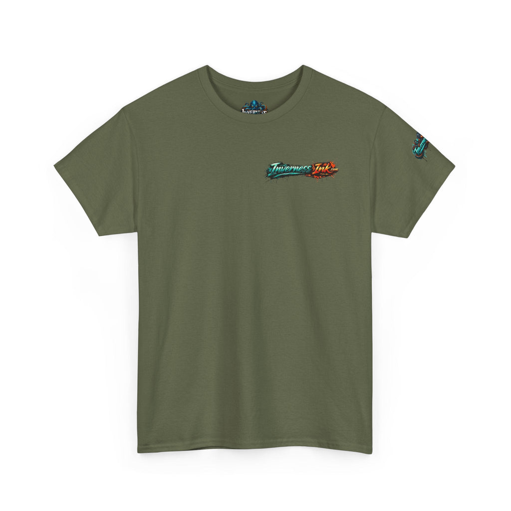 Inverness Ink Graphic Tee — Bold Blue & Orange Splash Backprint