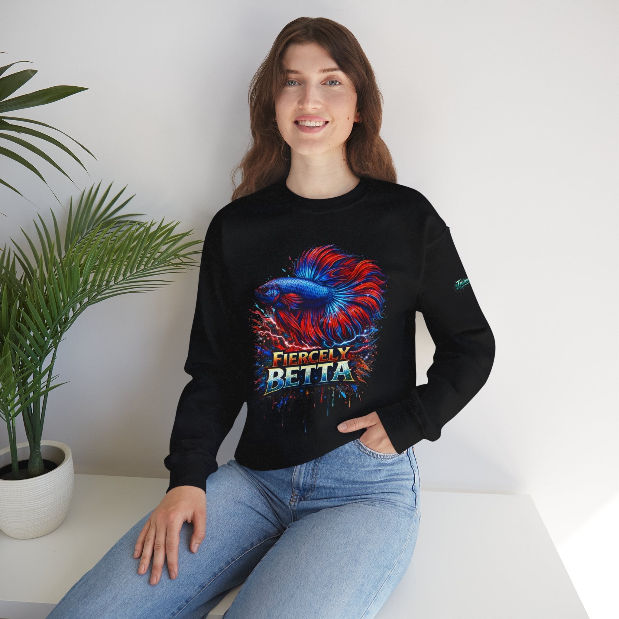 Betta Fish Crewneck Sweatshirt — "Fiercely Betta" Colorful Aquarium Graphic