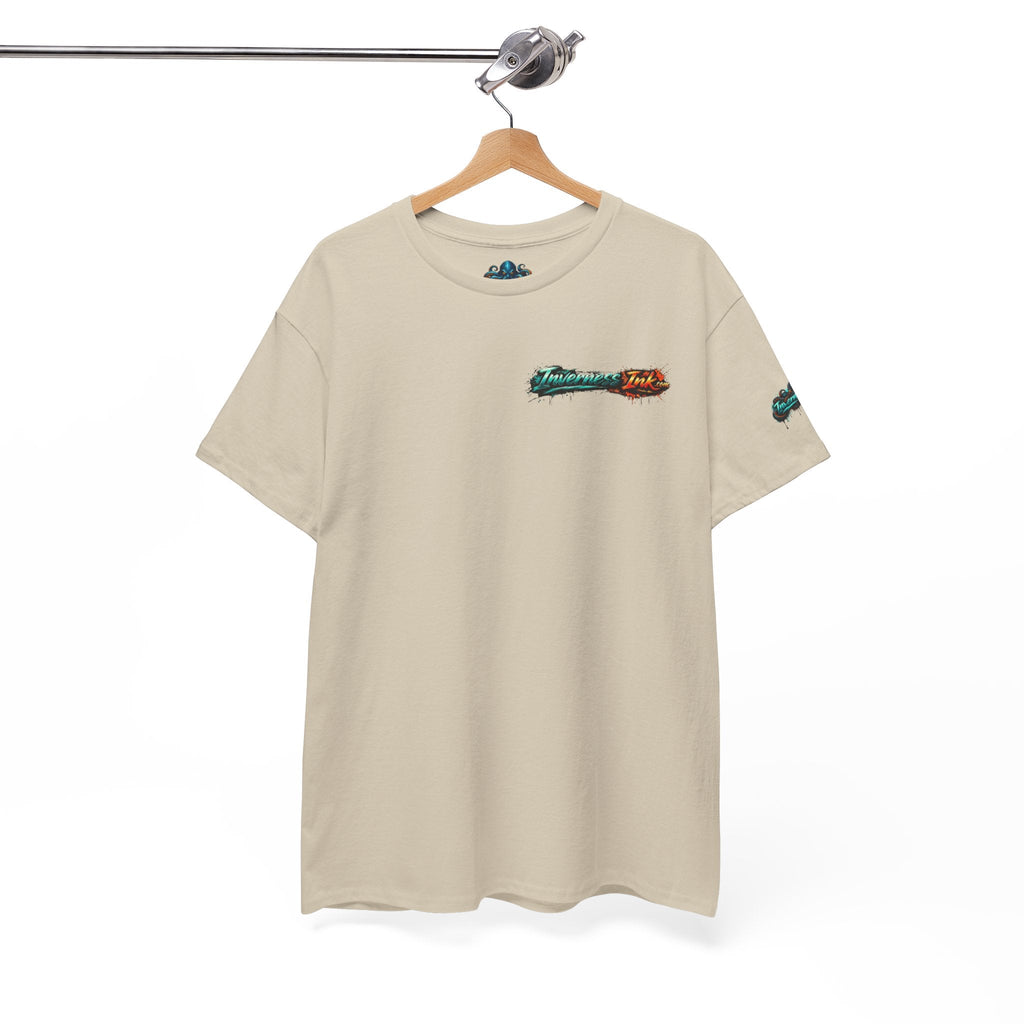 Inverness Ink Graphic Tee — Bold Blue & Orange Splash Backprint