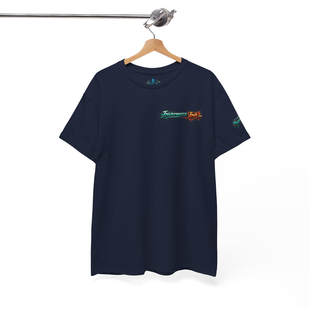 Inverness Ink Graphic Tee — Bold Blue & Orange Splash Backprint