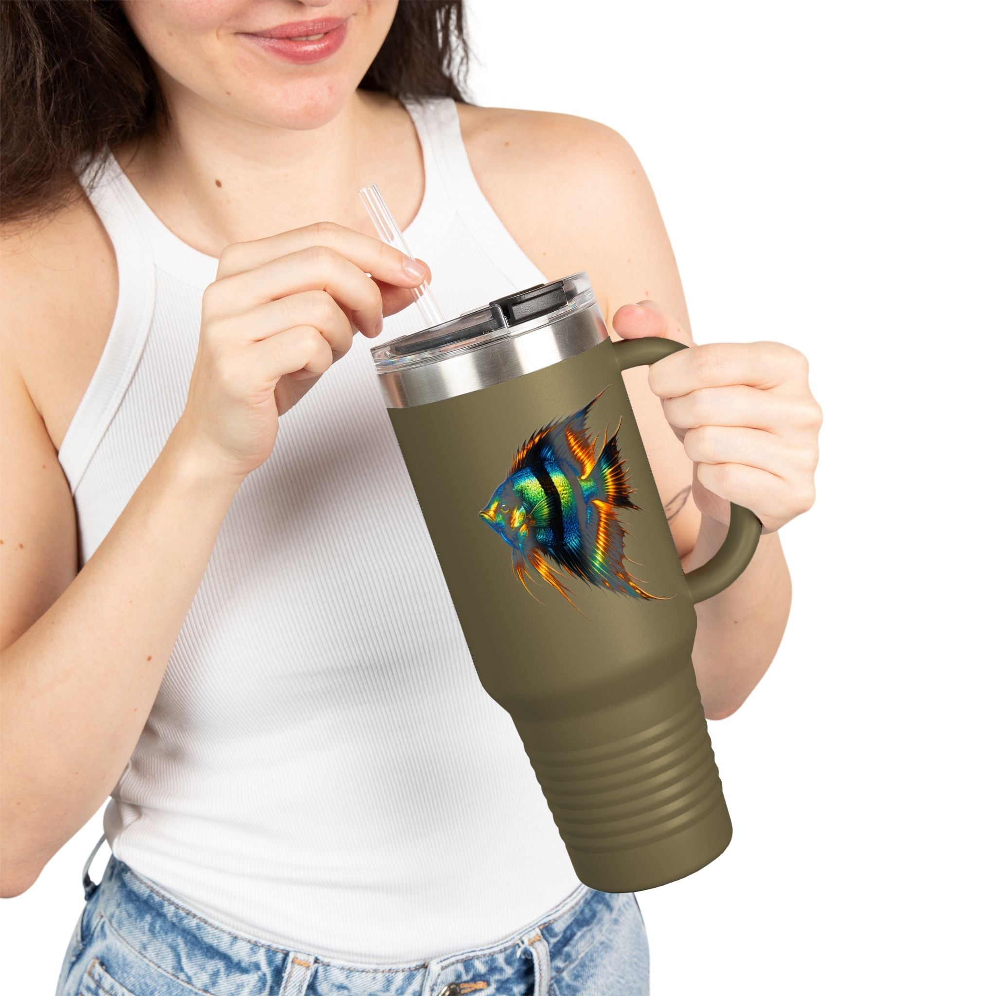 40oz Insulated Travel Mug — Colorful Aquarium Angelfish Stainless Steel Tumbler