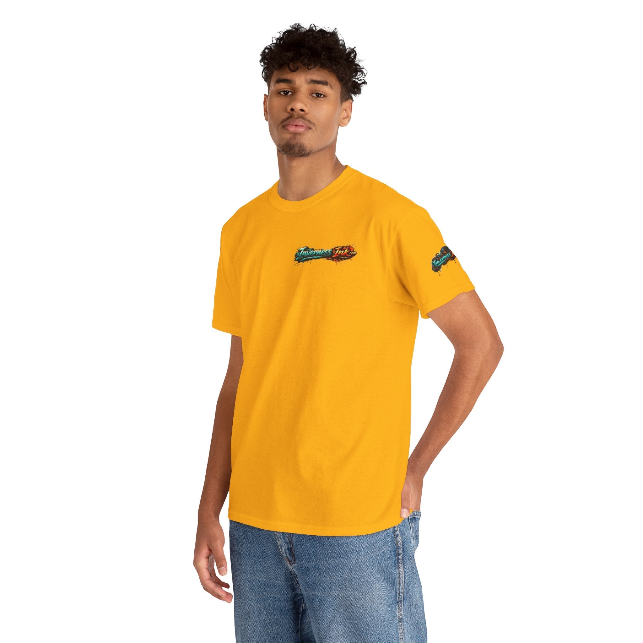 Inverness Ink Graphic Tee — Bold Blue & Orange Splash Backprint