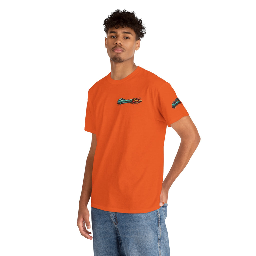 Inverness Ink Graphic Tee — Bold Blue & Orange Splash Backprint