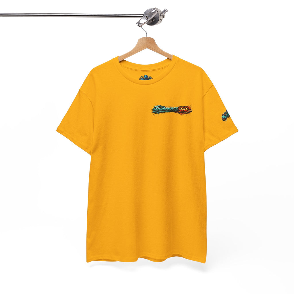 Inverness Ink Graphic Tee — Bold Blue & Orange Splash Backprint