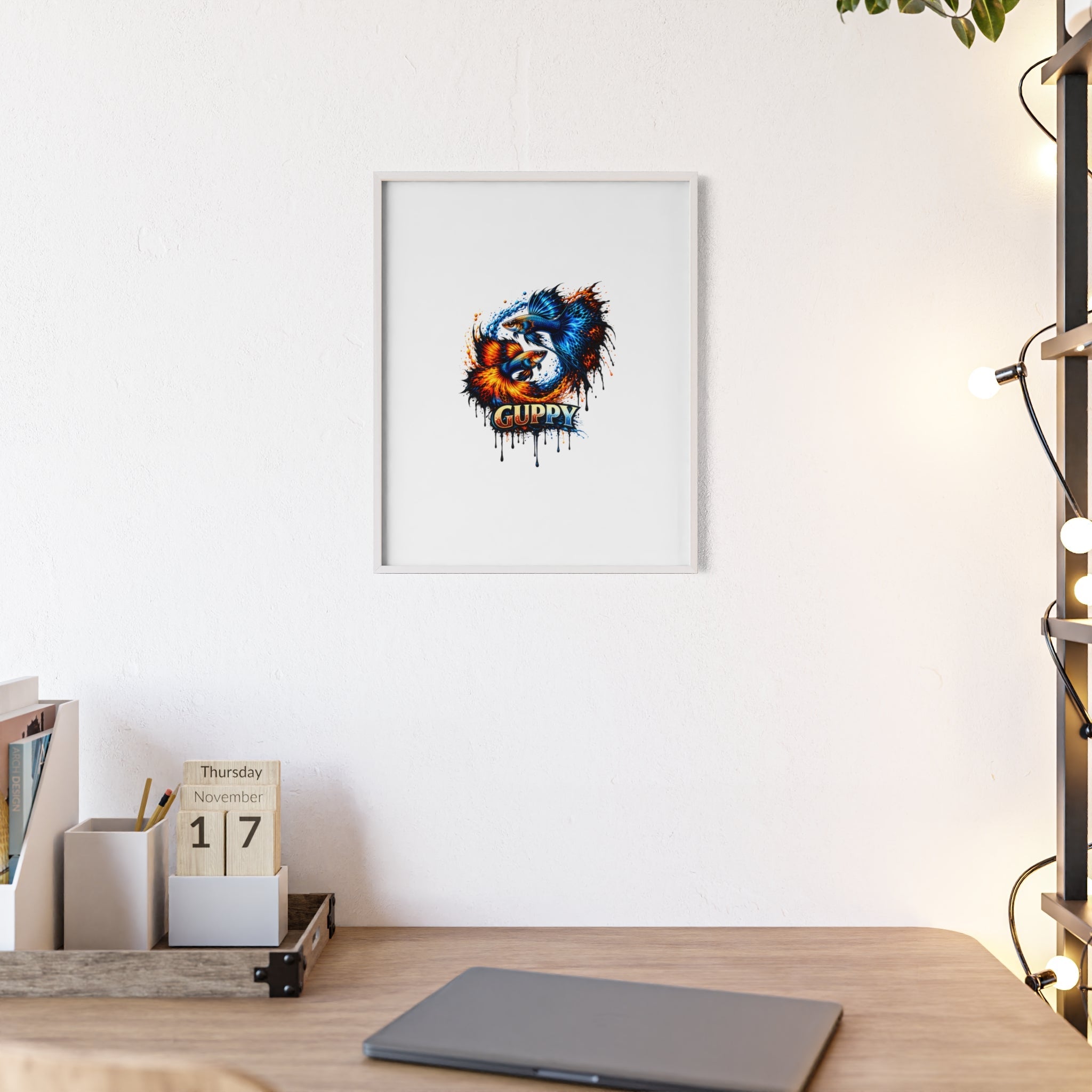 Guppy Fish Art Poster with Wooden Frame — Colorful Koi-Style Aquarium Print
