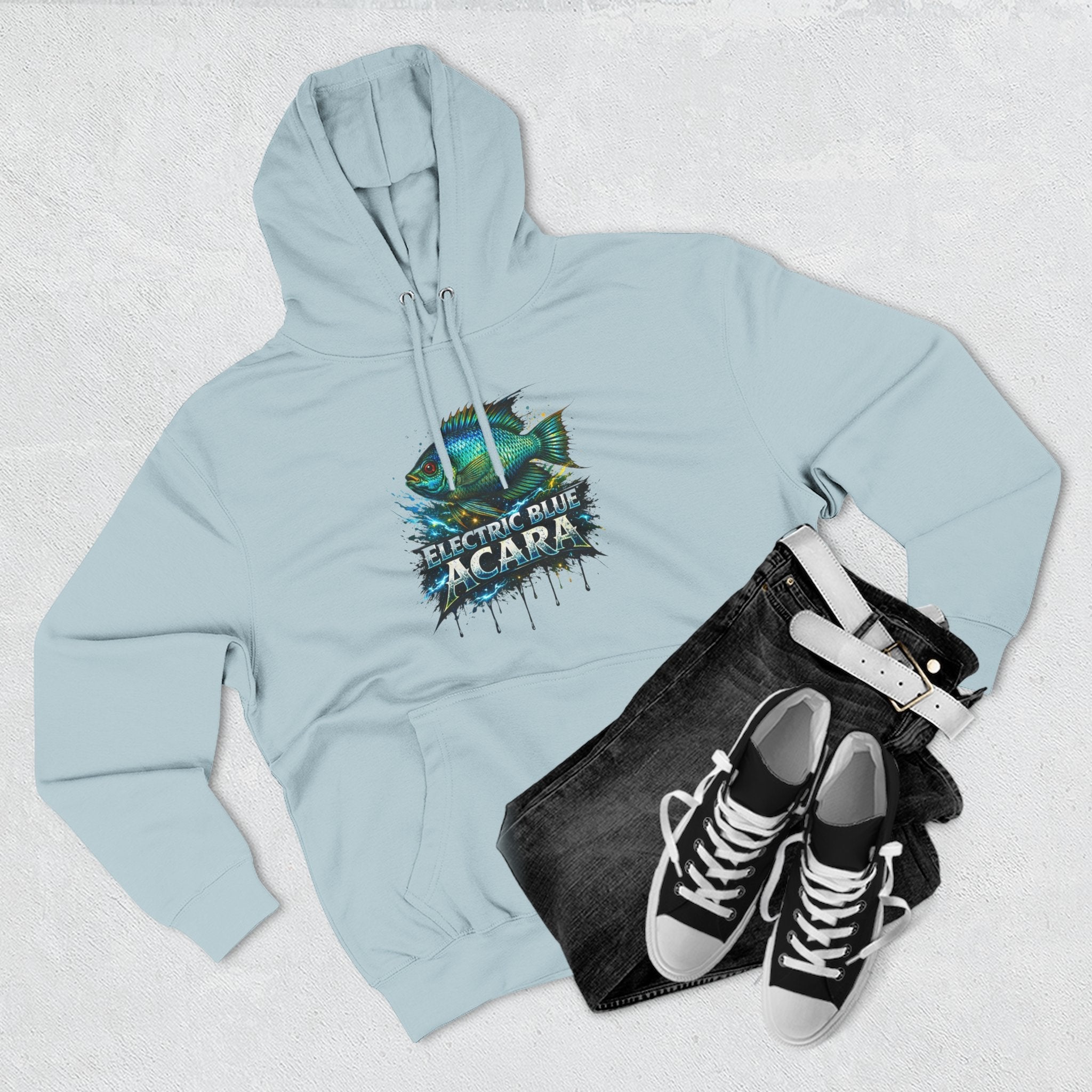 Electric Blue Acara Hoodie — Colorful Aquarium Fish Graphic Fleece Pullover