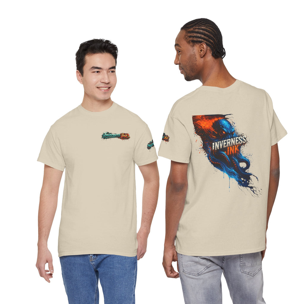 Inverness Ink Graphic Tee — Bold Blue & Orange Splash Backprint