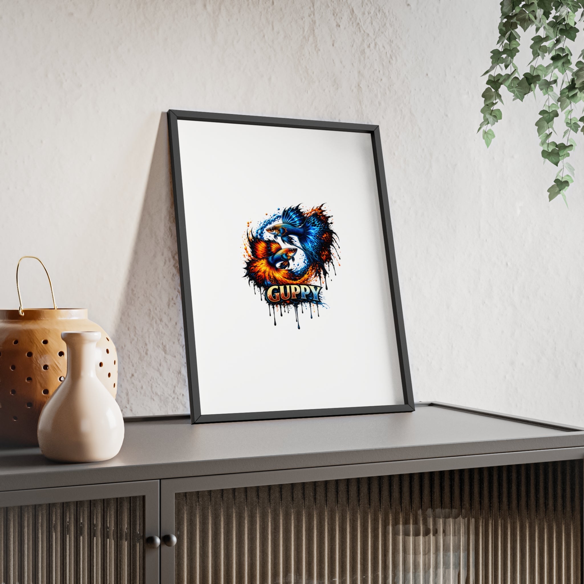 Guppy Fish Art Poster with Wooden Frame — Colorful Koi-Style Aquarium Print