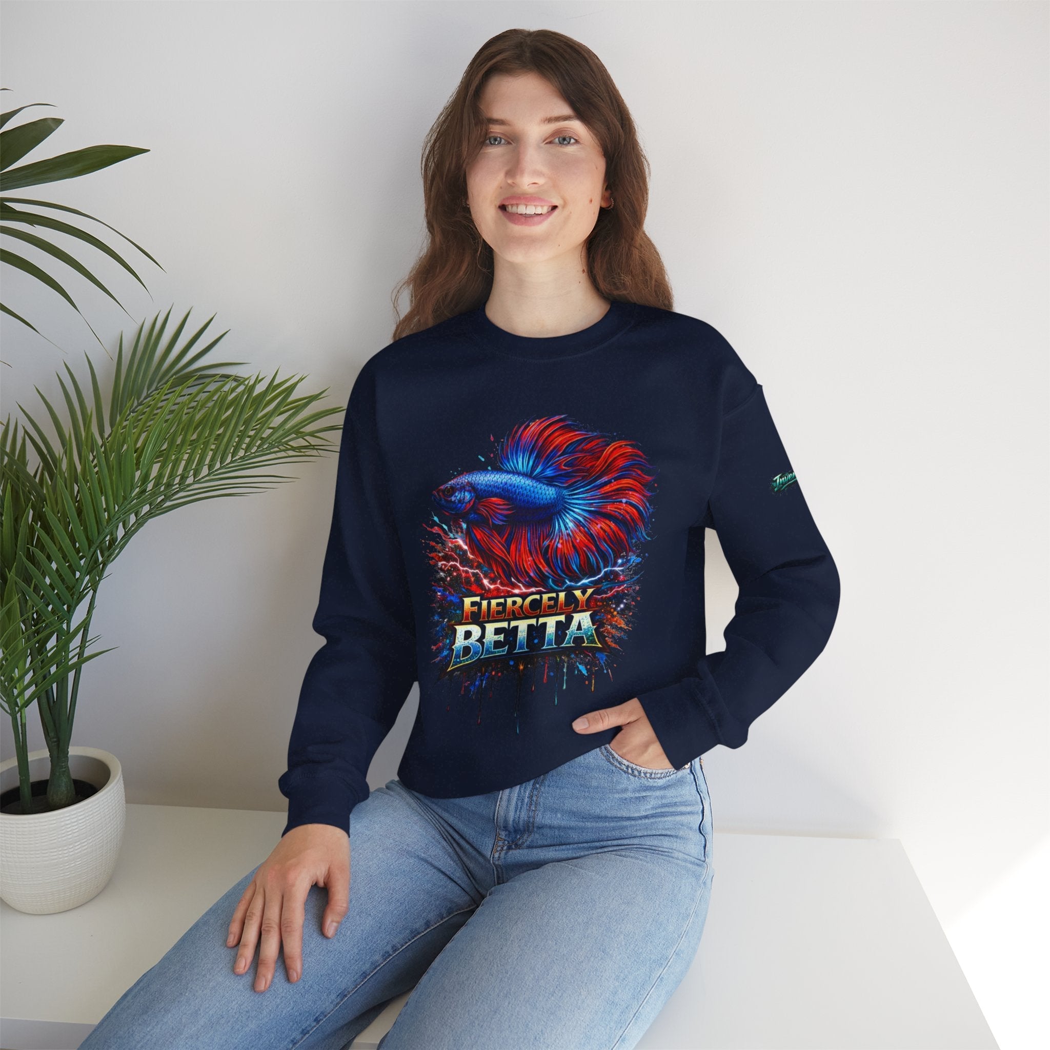 Betta Fish Crewneck Sweatshirt — "Fiercely Betta" Colorful Aquarium Graphic