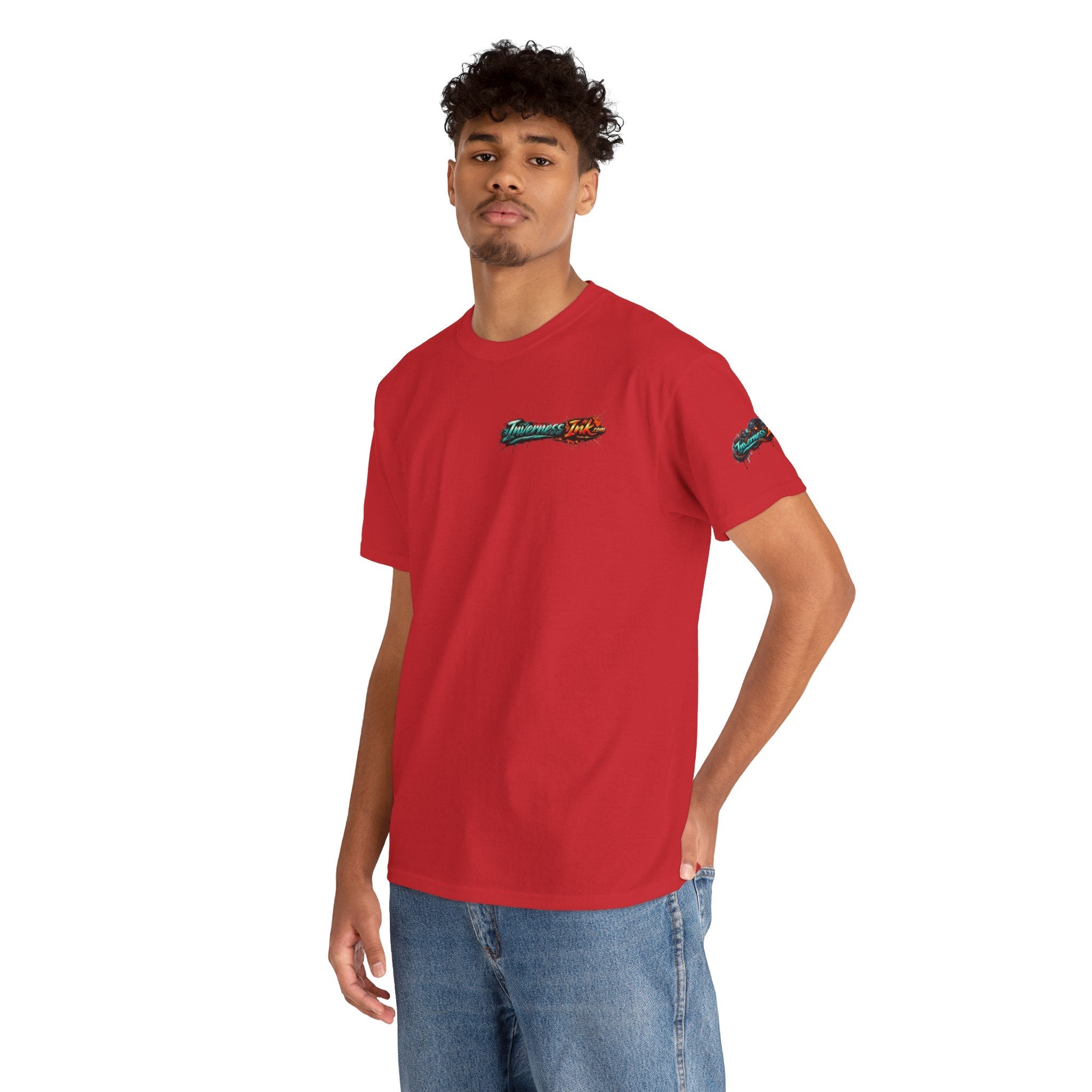 Inverness Ink Graphic Tee — Bold Blue & Orange Splash Backprint