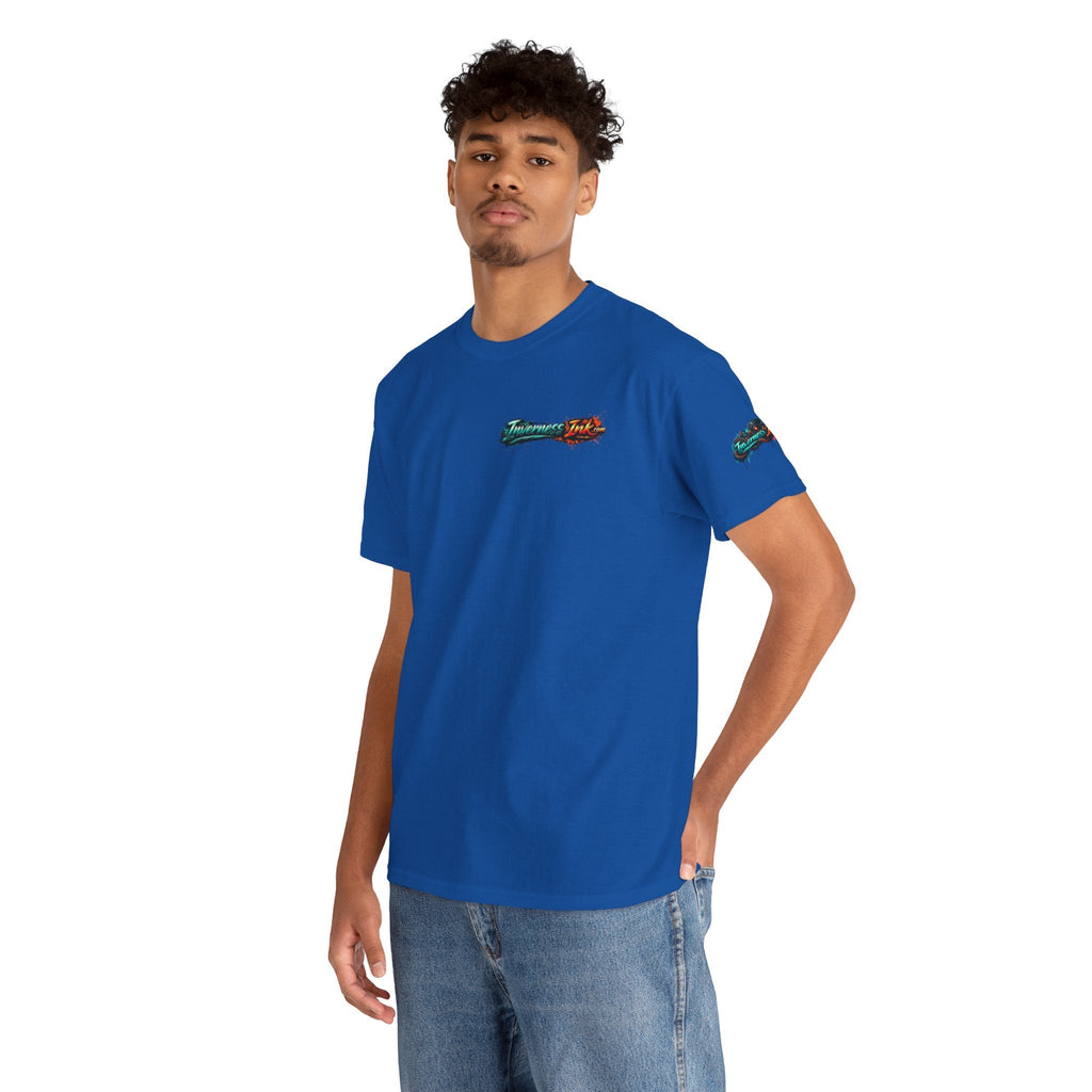 Inverness Ink Graphic Tee — Bold Blue & Orange Splash Backprint