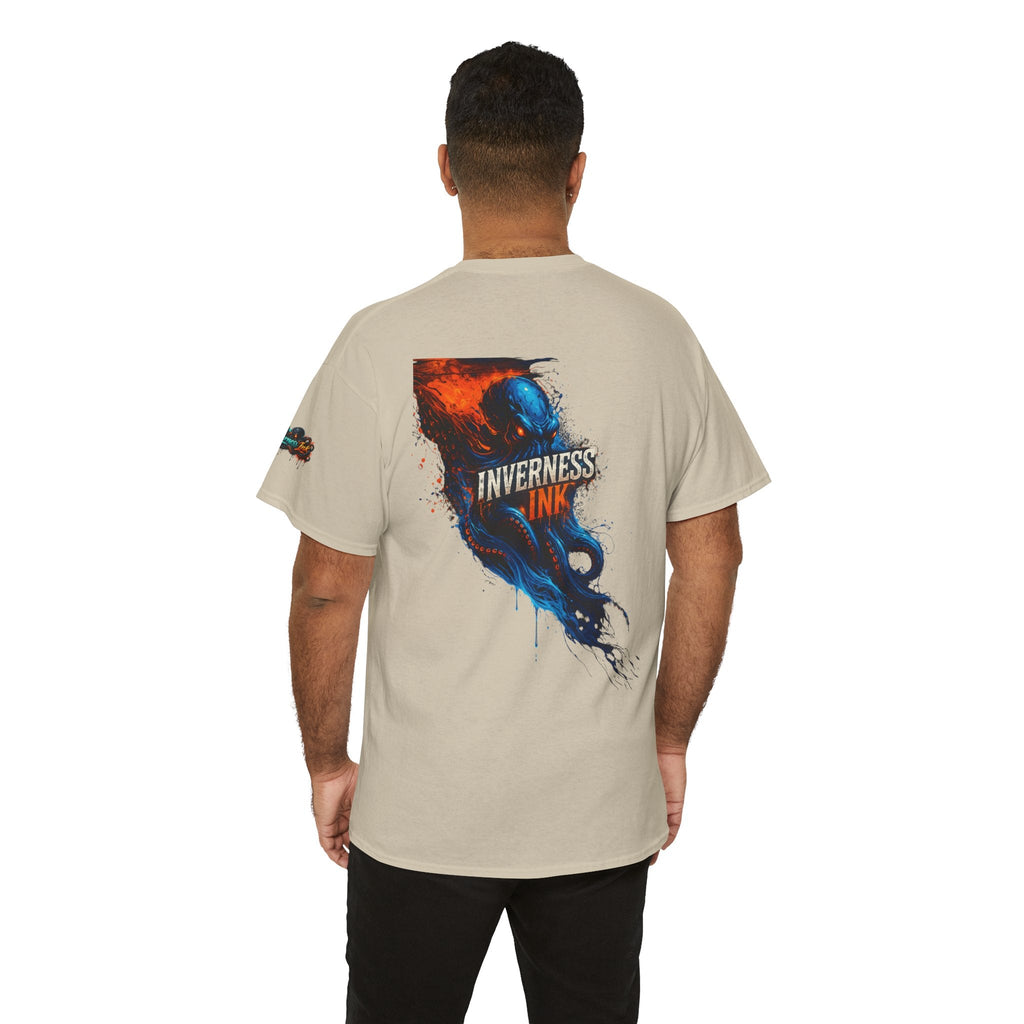 Inverness Ink Graphic Tee — Bold Blue & Orange Splash Backprint