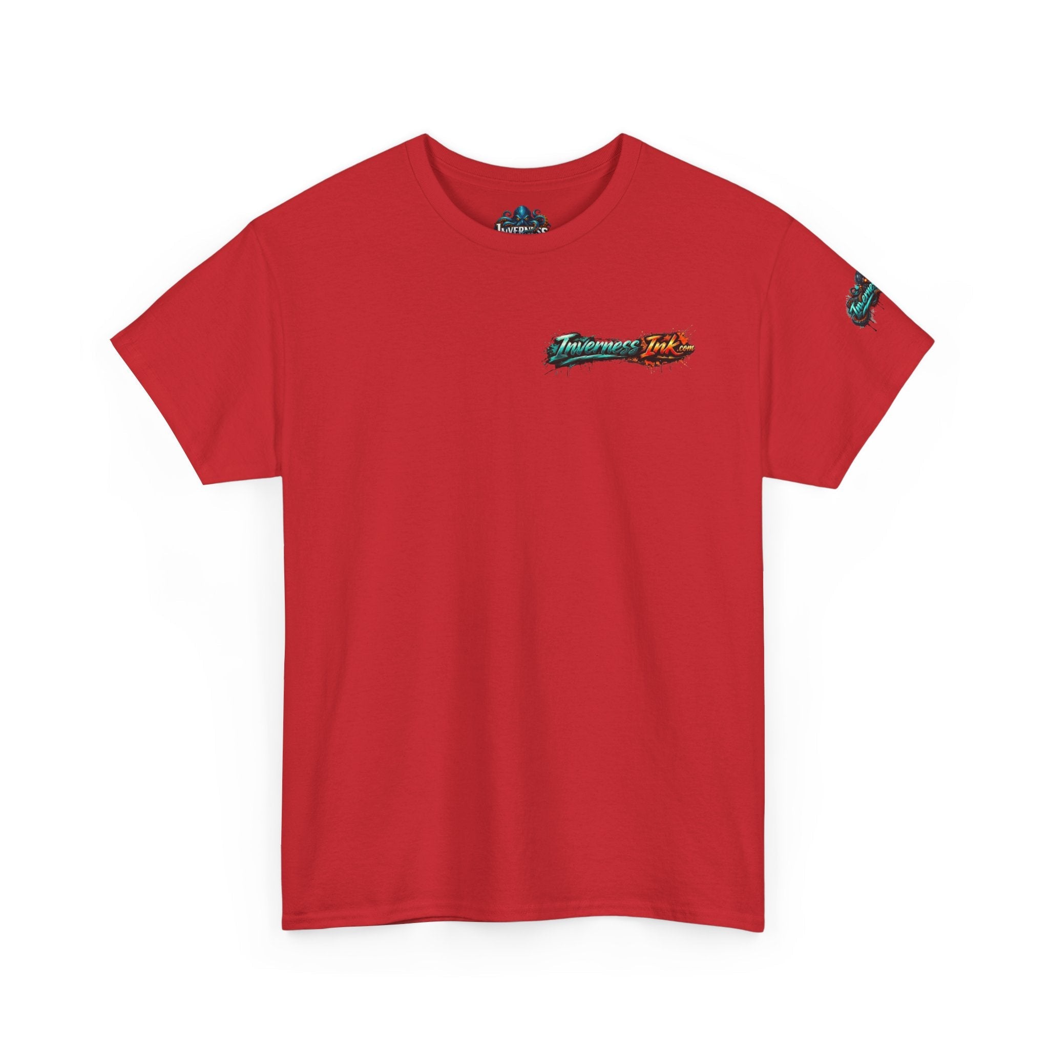 Inverness Ink Graphic Tee — Bold Blue & Orange Splash Backprint