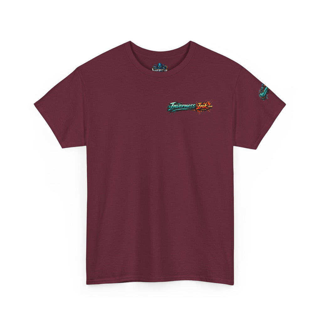 Inverness Ink Graphic Tee — Bold Blue & Orange Splash Backprint