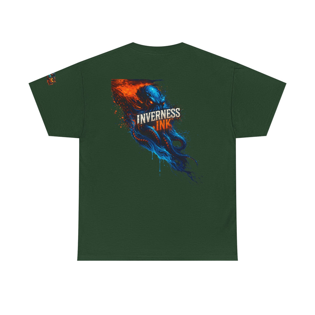 Inverness Ink Graphic Tee — Bold Blue & Orange Splash Backprint