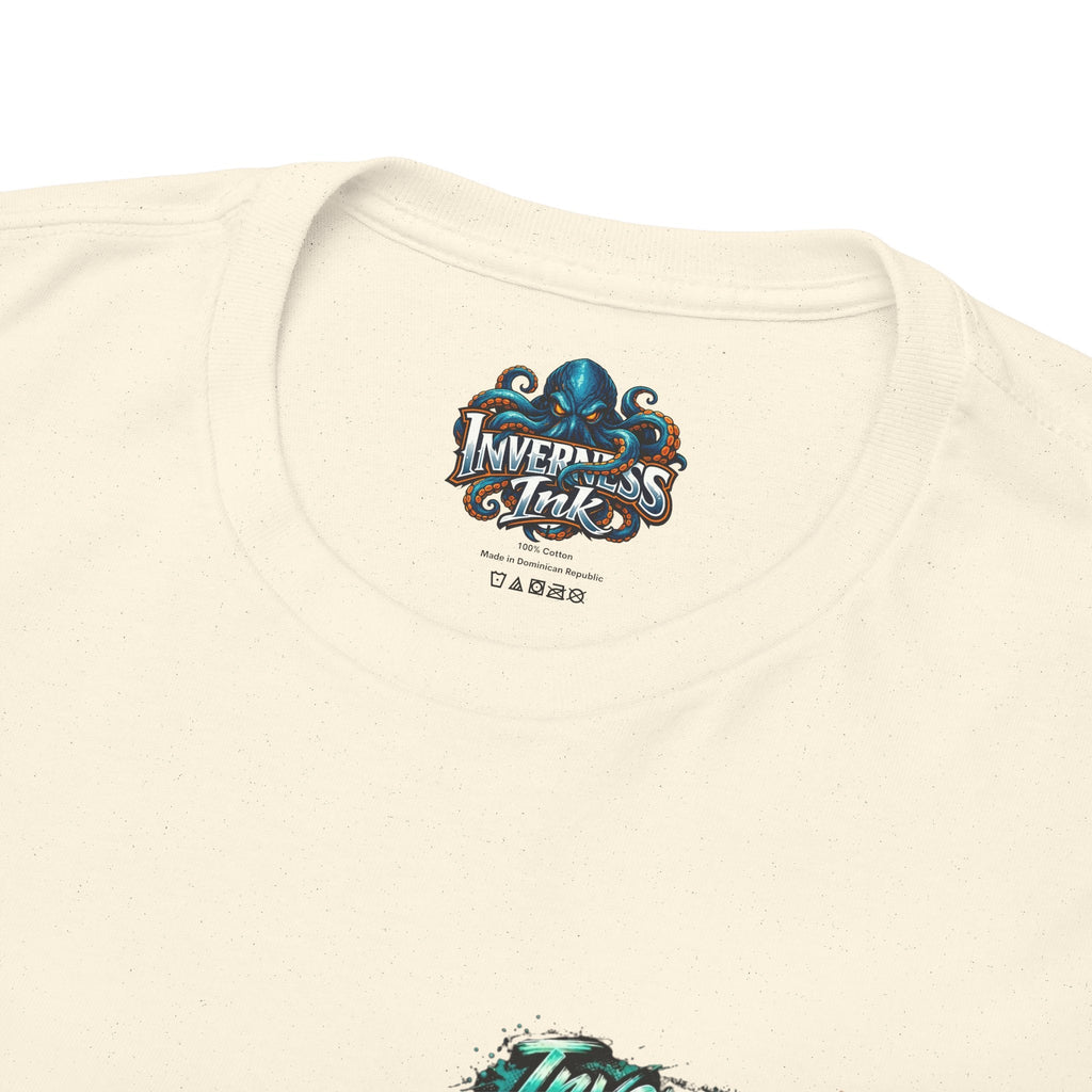 Inverness Ink Graphic Tee — Bold Blue & Orange Splash Backprint