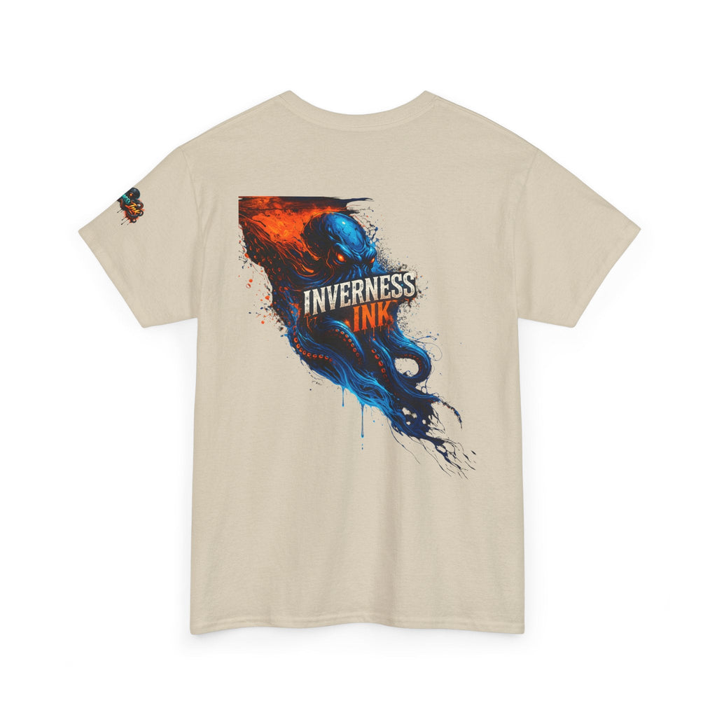 Inverness Ink Graphic Tee — Bold Blue & Orange Splash Backprint