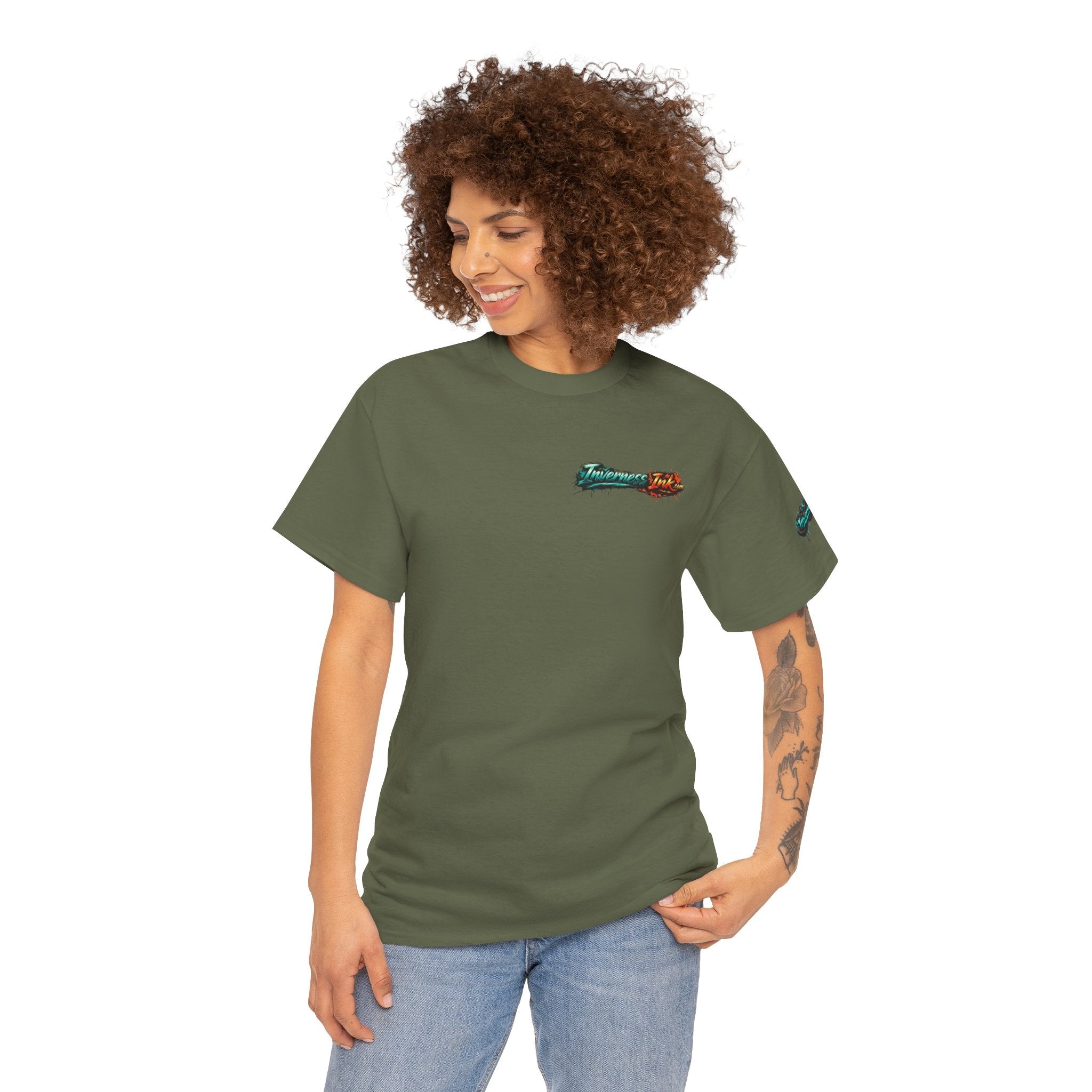 Inverness Ink Graphic Tee — Bold Blue & Orange Splash Backprint