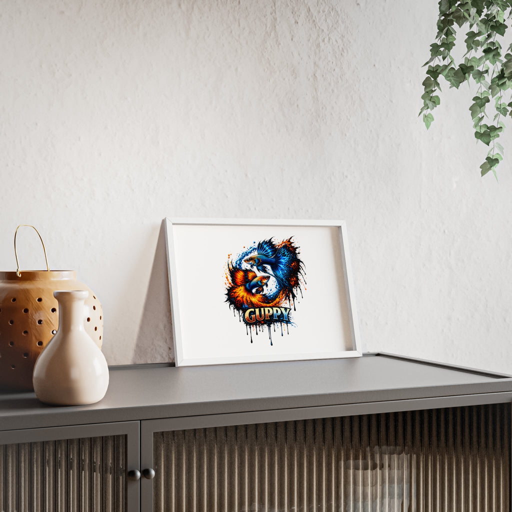 Guppy Fish Art Poster with Wooden Frame — Colorful Koi-Style Aquarium Print