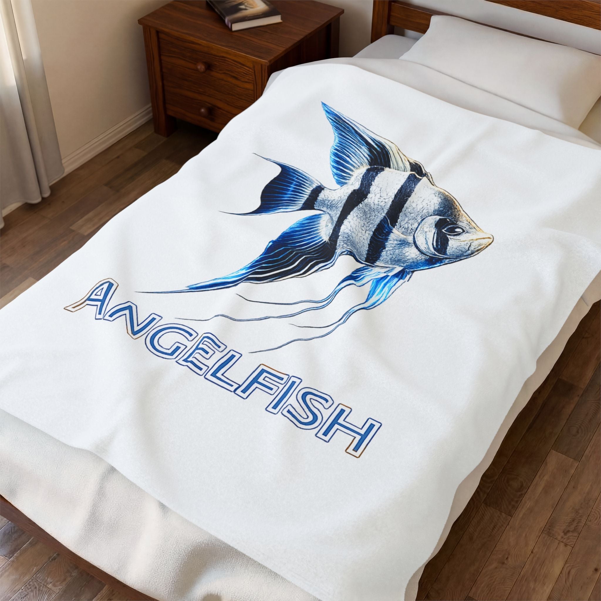 Angelfish Velveteen Plush Blanket — Blue Tropical Fish Throw for Aquarium Lovers