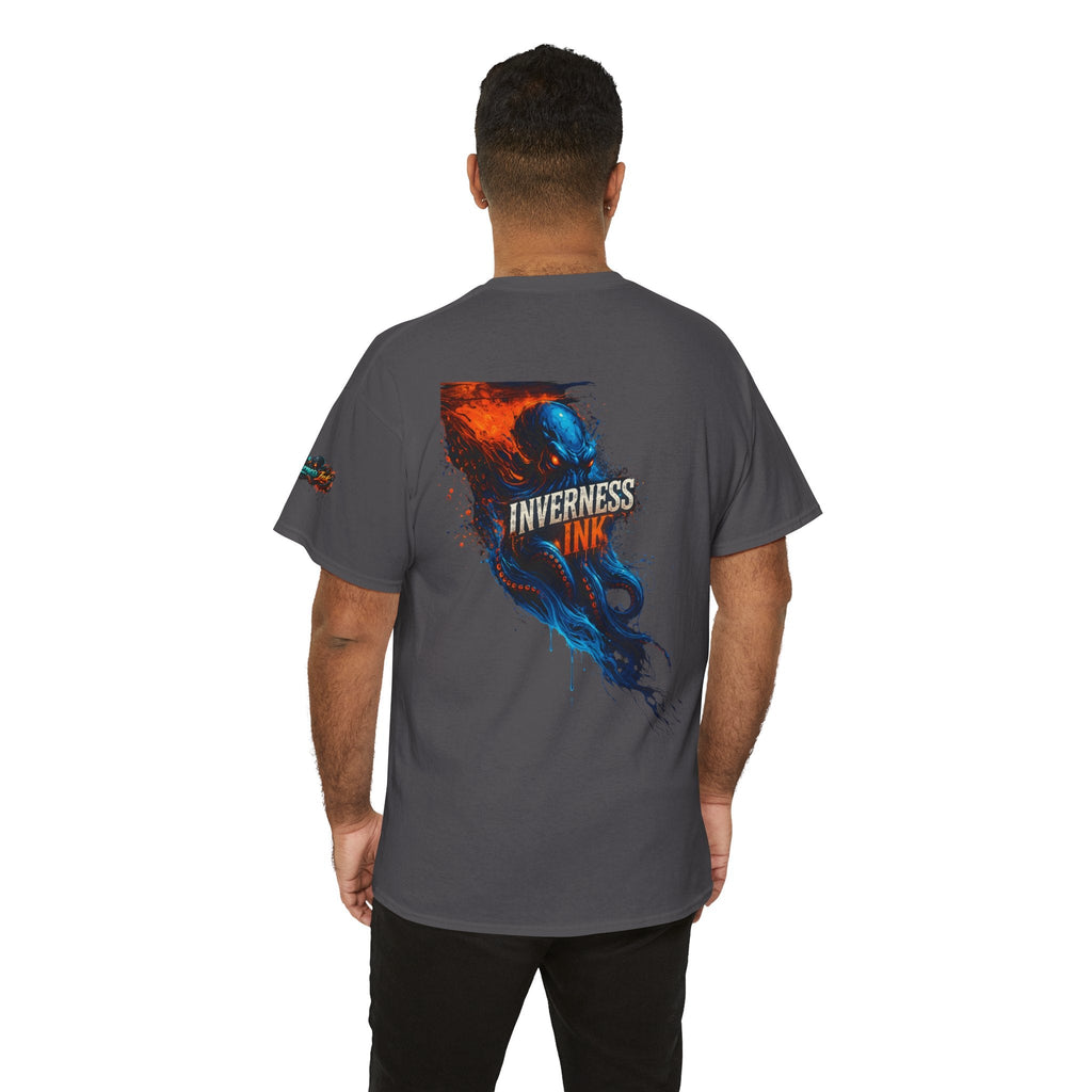 Inverness Ink Graphic Tee — Bold Blue & Orange Splash Backprint
