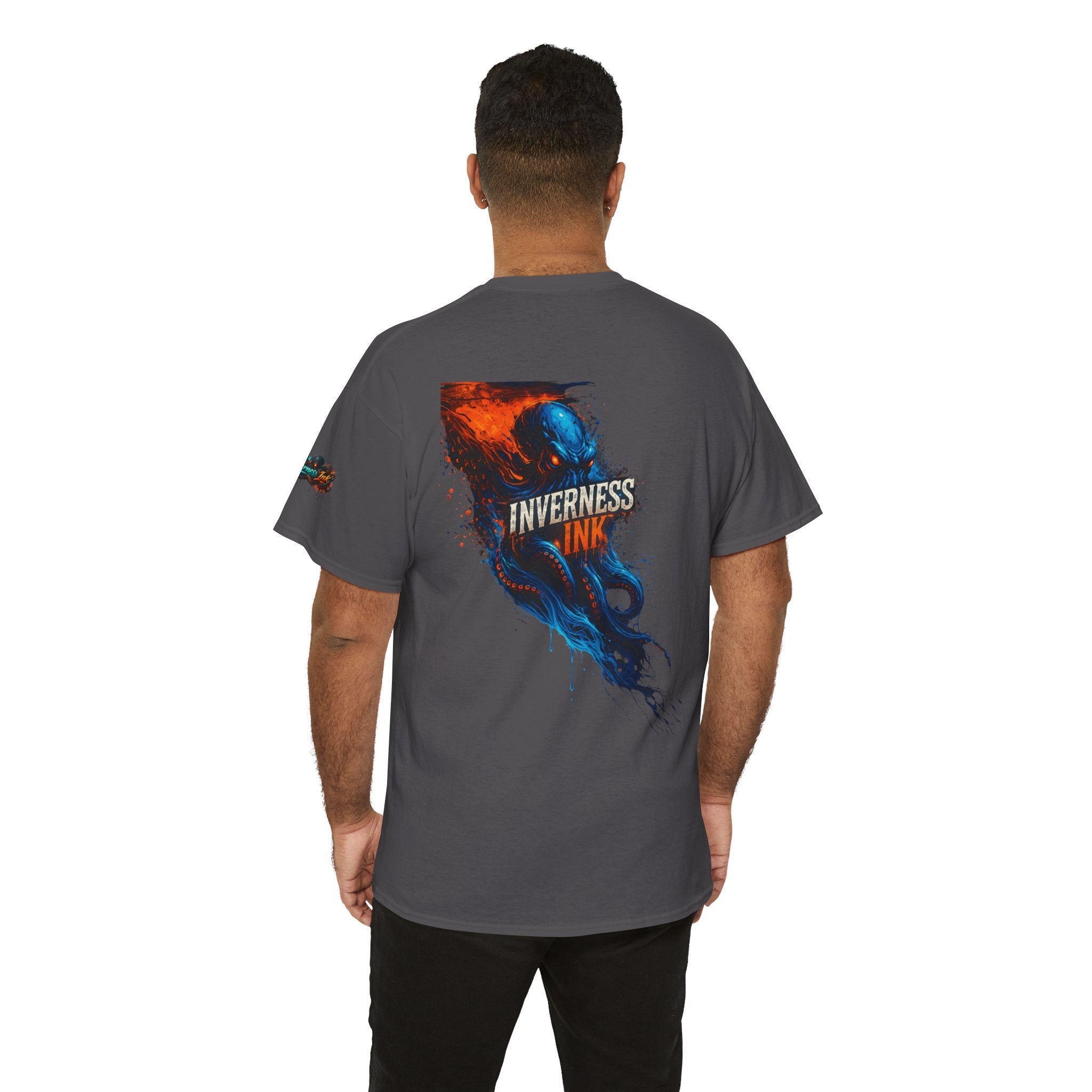 Inverness Ink Graphic Tee — Bold Blue & Orange Splash Backprint