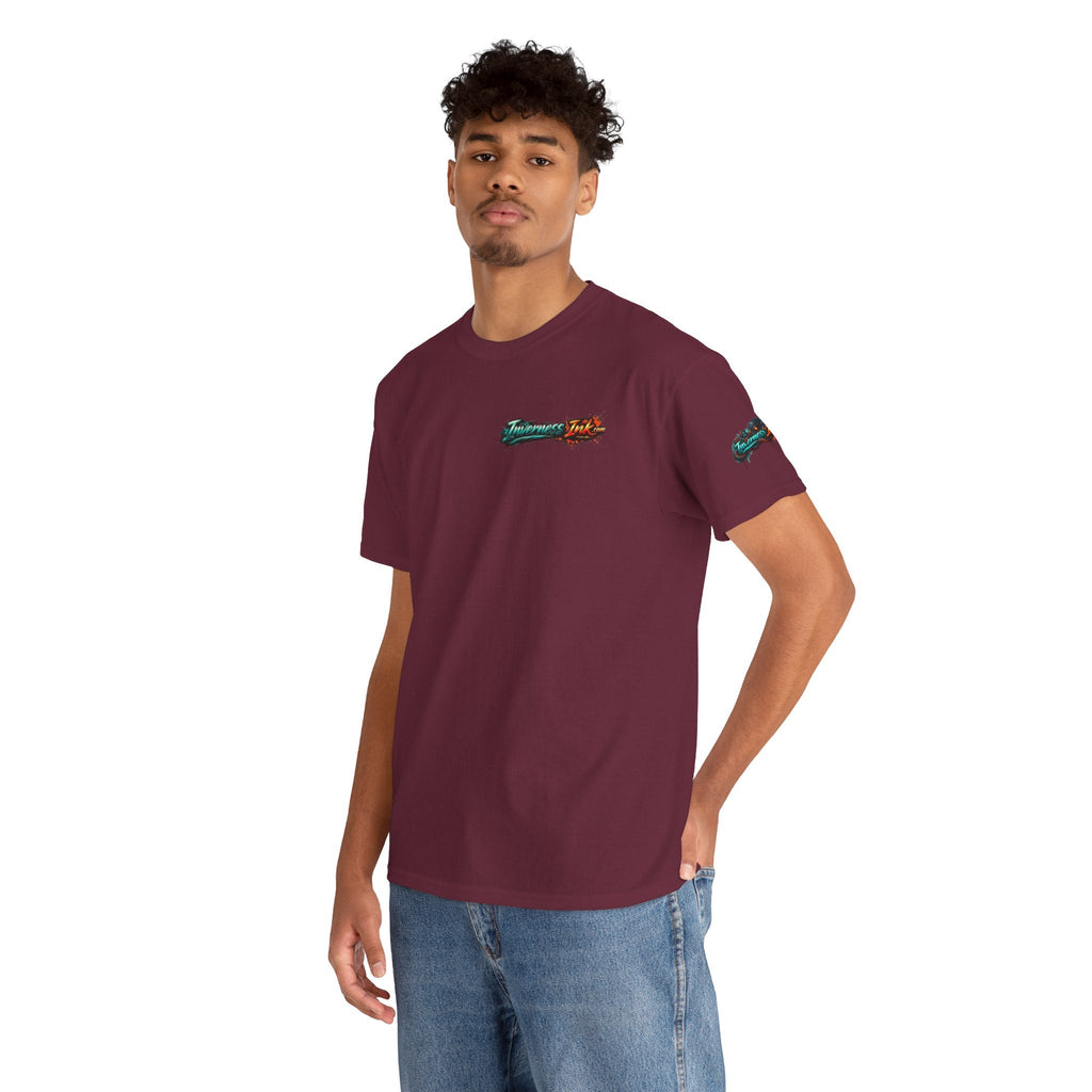 Inverness Ink Graphic Tee — Bold Blue & Orange Splash Backprint