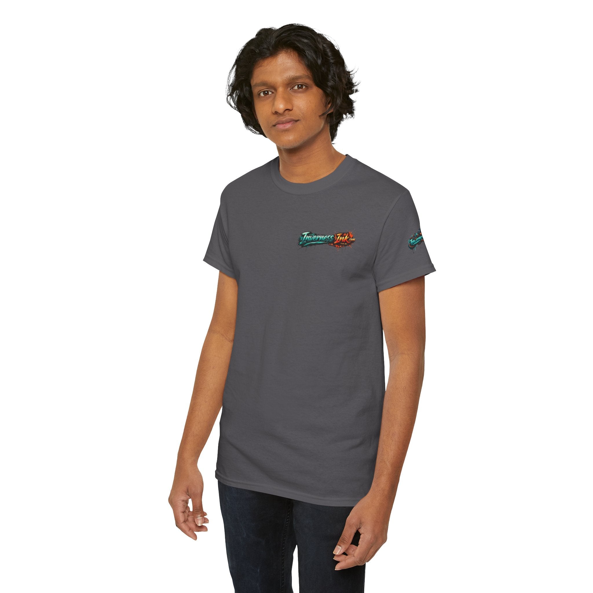 Inverness Ink Graphic Tee — Bold Blue & Orange Splash Backprint