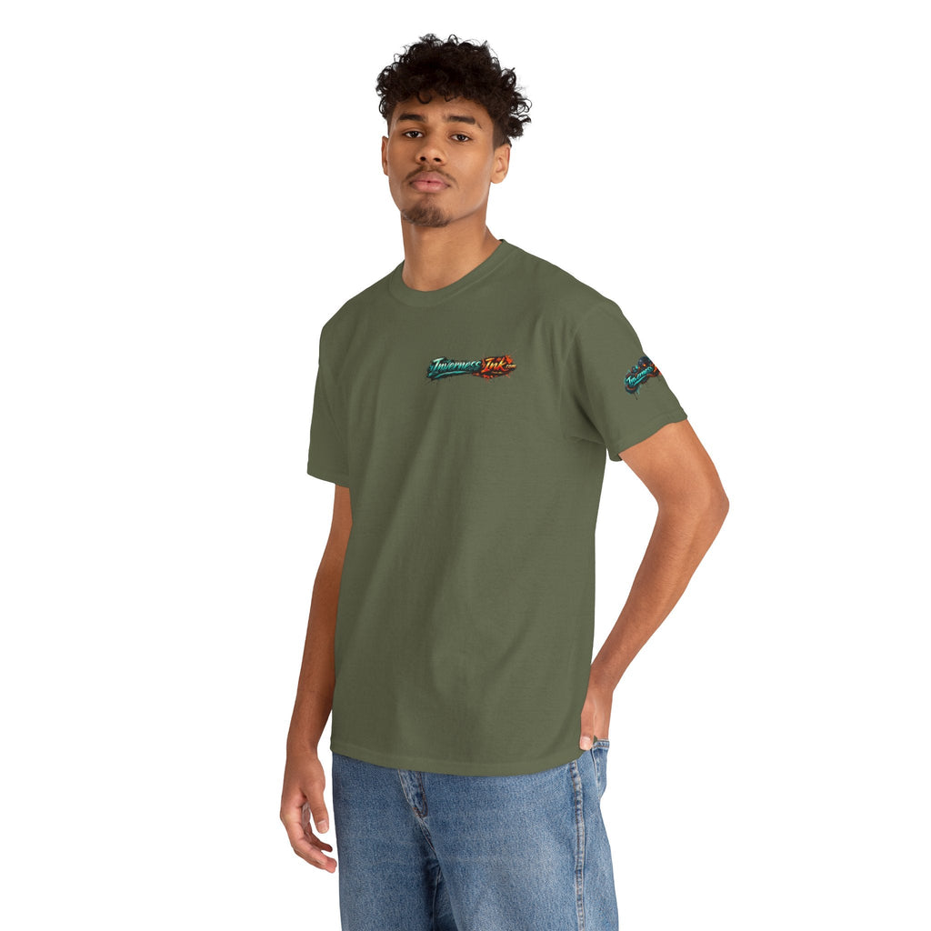 Inverness Ink Graphic Tee — Bold Blue & Orange Splash Backprint