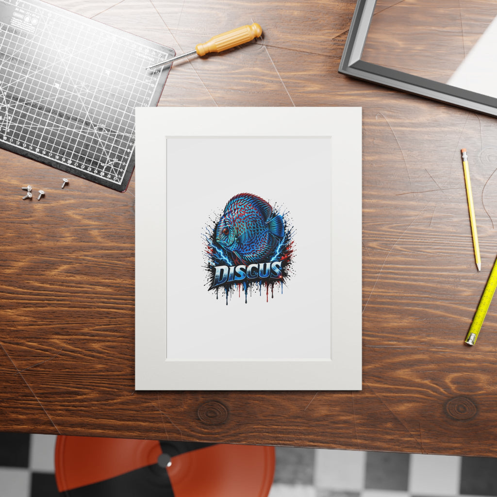 Discus Fish Fine Art Print with Passepartout Frame — Vibrant Blue Aquarium Wall Art
