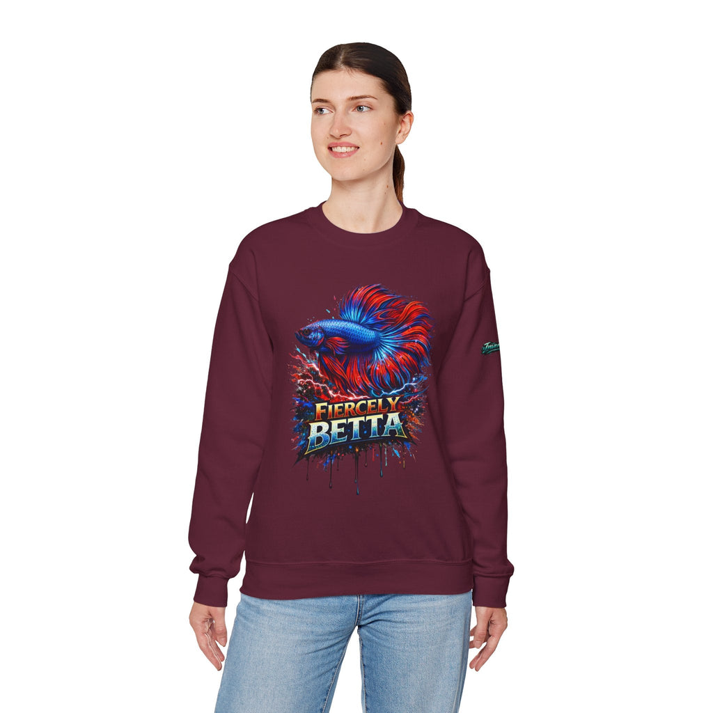 Betta Fish Crewneck Sweatshirt — "Fiercely Betta" Colorful Aquarium Graphic