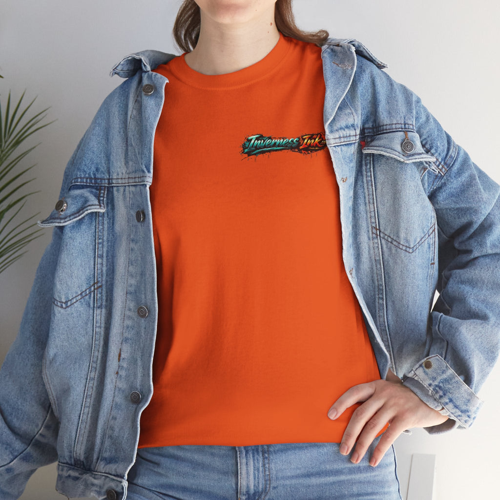 Inverness Ink Graphic Tee — Bold Blue & Orange Splash Backprint