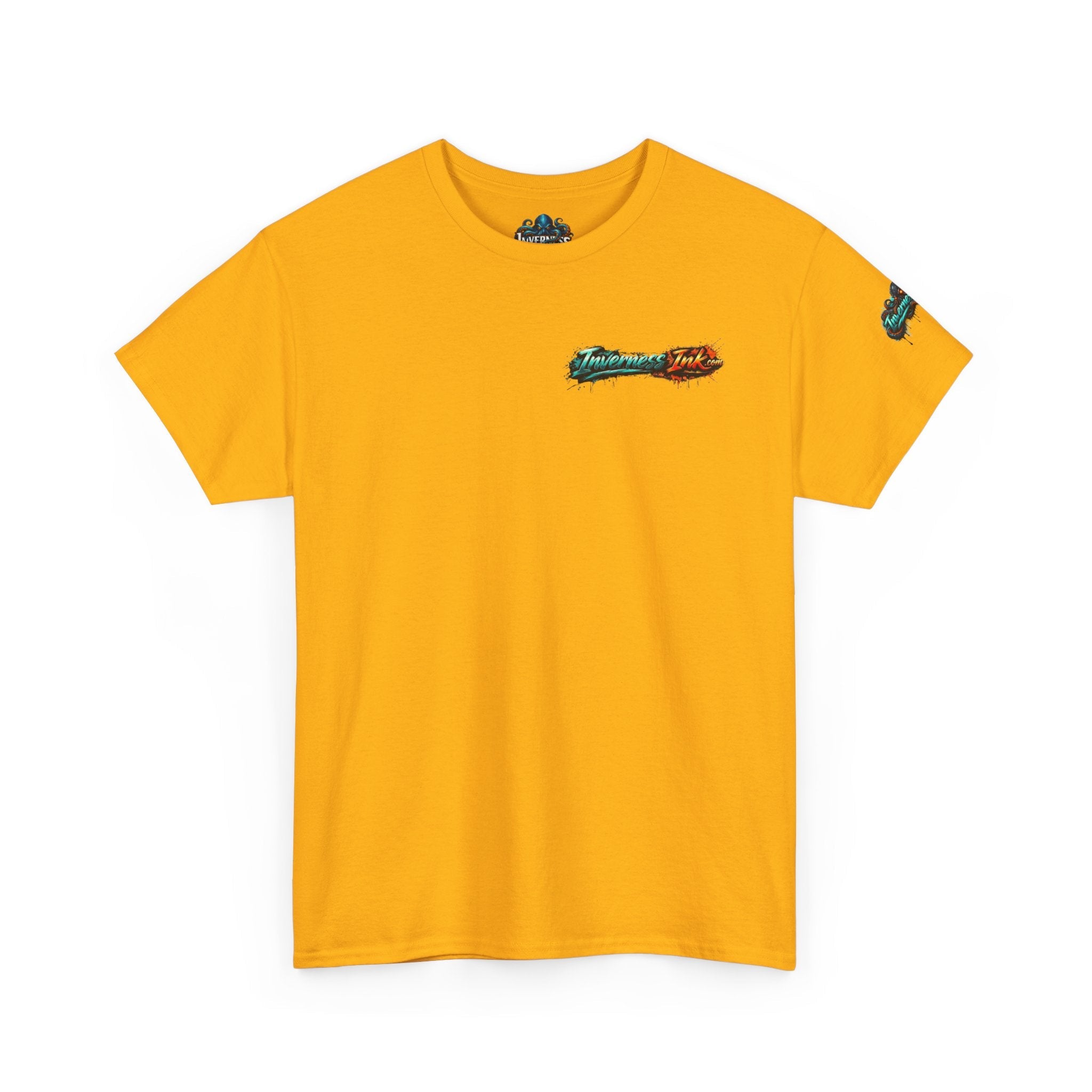Inverness Ink Graphic Tee — Bold Blue & Orange Splash Backprint